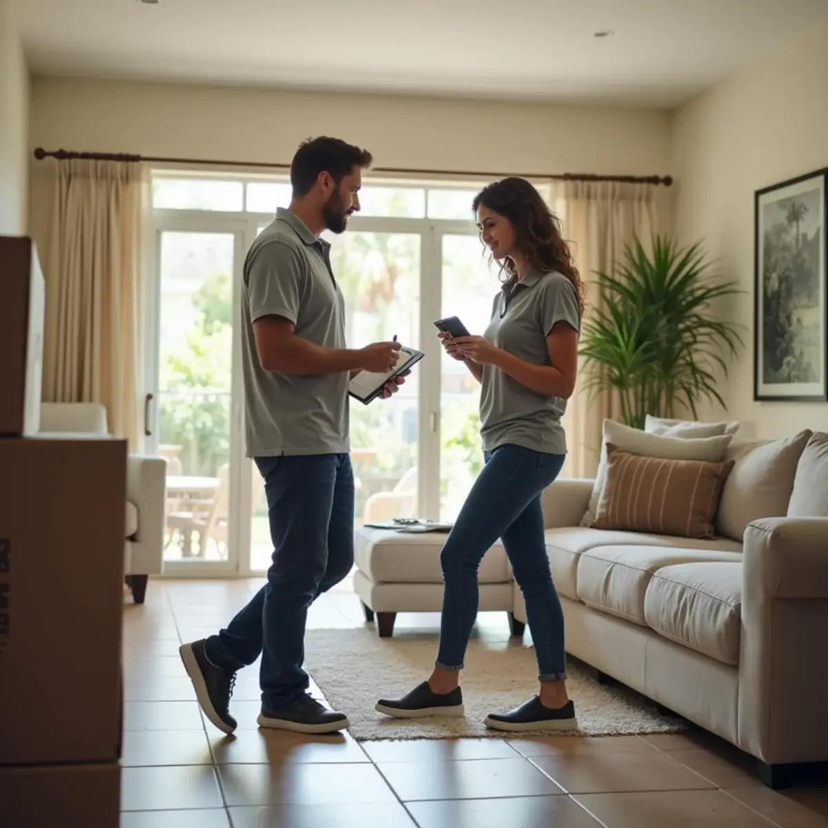Mover with a tablet walking through a Coral Springs, FL living room with a homeowner before a written estimate