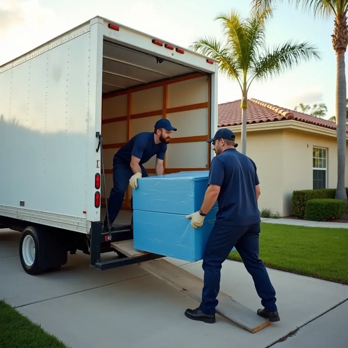 Two movers loading a pad-wrapped dresser into a box truck outside a barrel-tile roof home in Coral Springs, FL