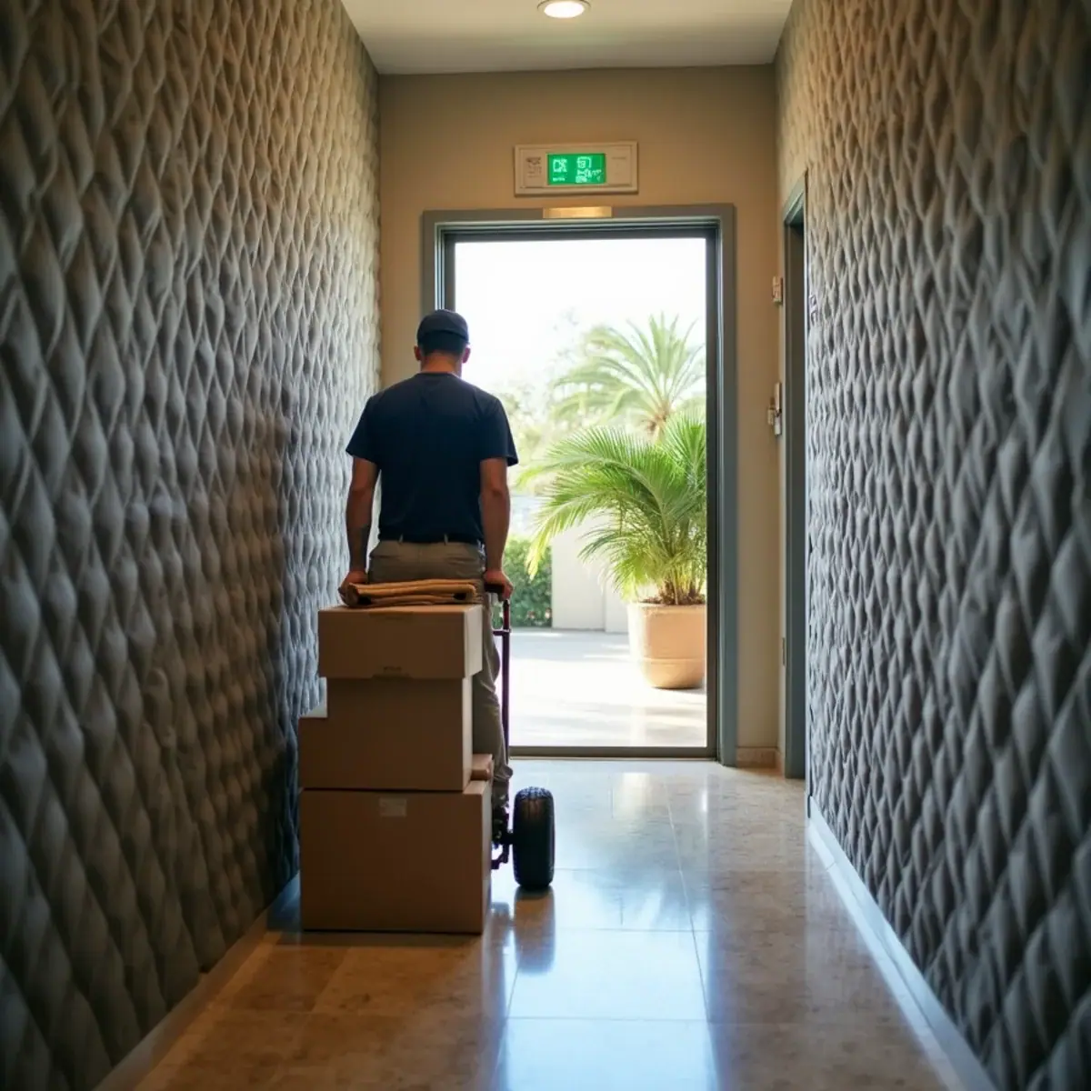 Padded condo hallway and a hand truck of boxes headed out to the truck in a Coral Springs, FL building