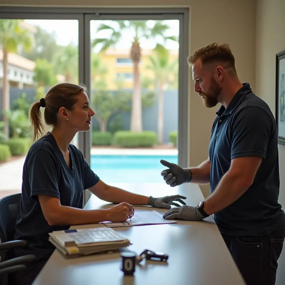 Renter confirming an elevator and loading zone reservation at an apartment leasing office in Coral Springs, FL
