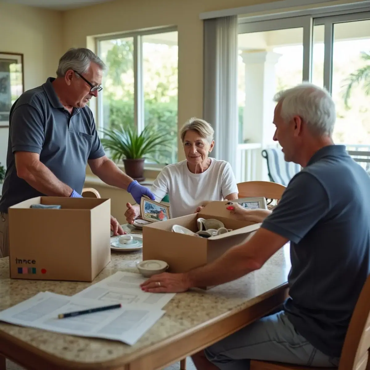 Family helping an older parent pack dishes and keepsakes into boxes at a Broward County, FL home before a downsizing move