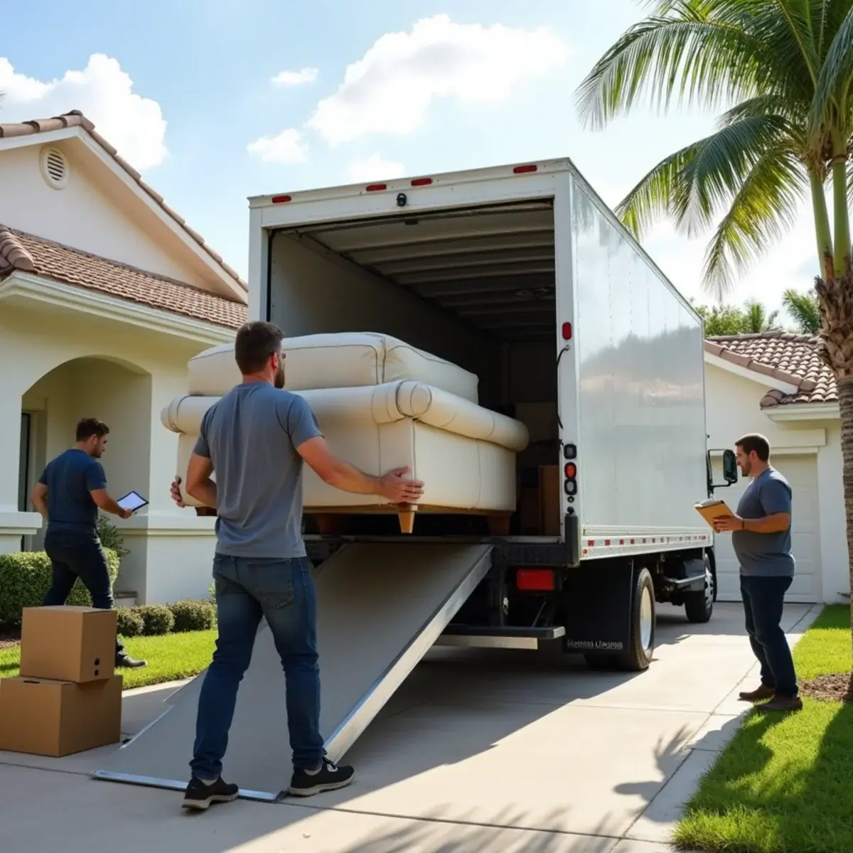 Two movers loading a sofa up the ramp of a box truck outside a Margate, FL single-story home