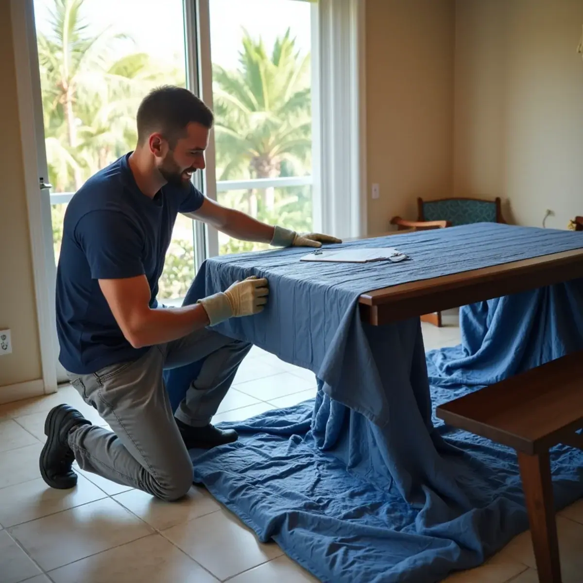 Mover in a navy t-shirt wrapping a dining table in moving pads inside a Coral Springs, FL home before loading