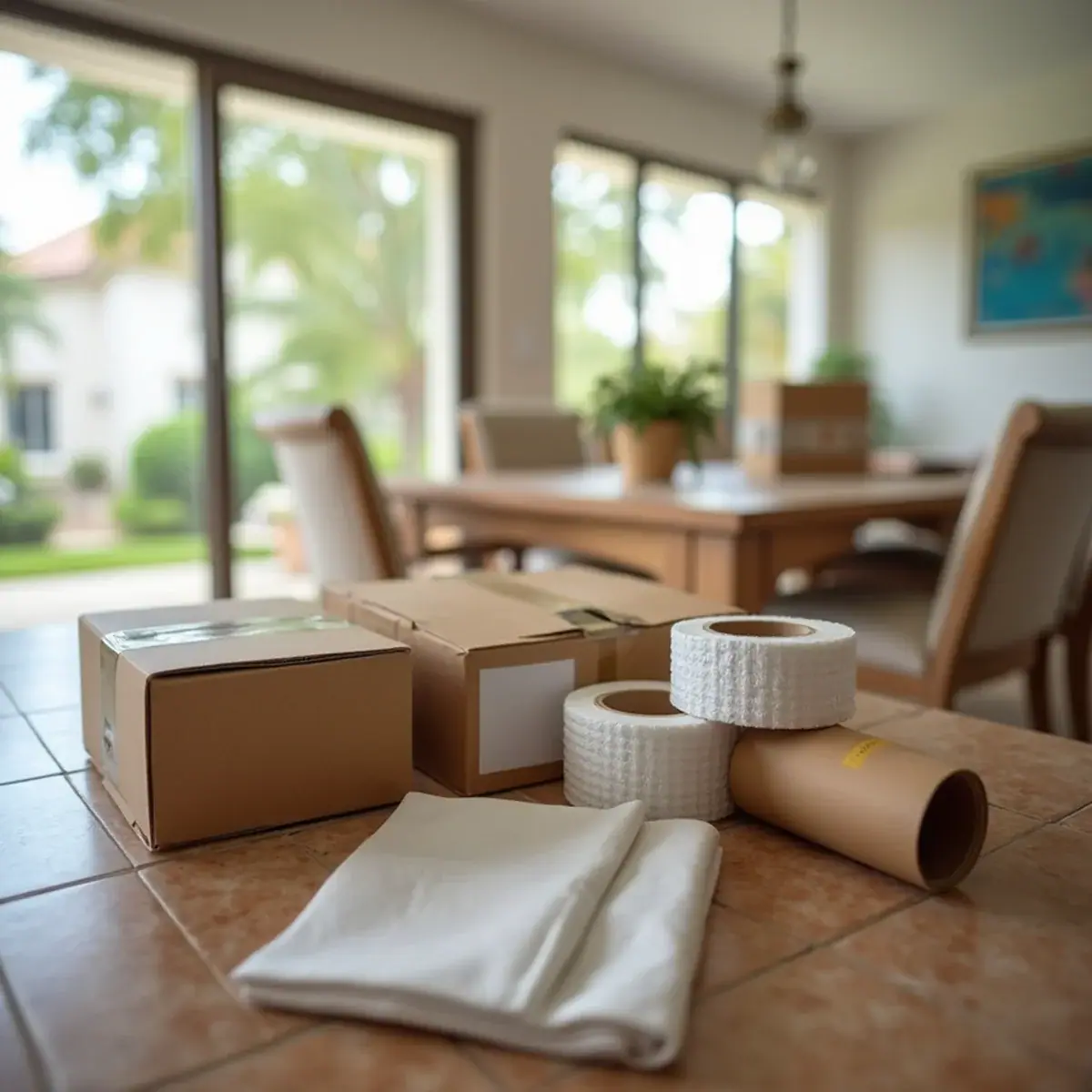 Packing station with boxes, tape rolls and packing paper set up by the dining table in a Coral Springs, FL home