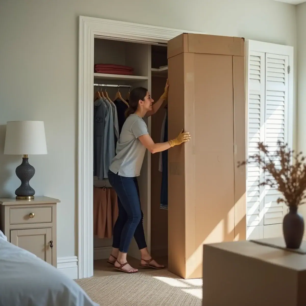 Clothes on hangers going into a wardrobe moving box in a Coral Springs, FL bedroom closet