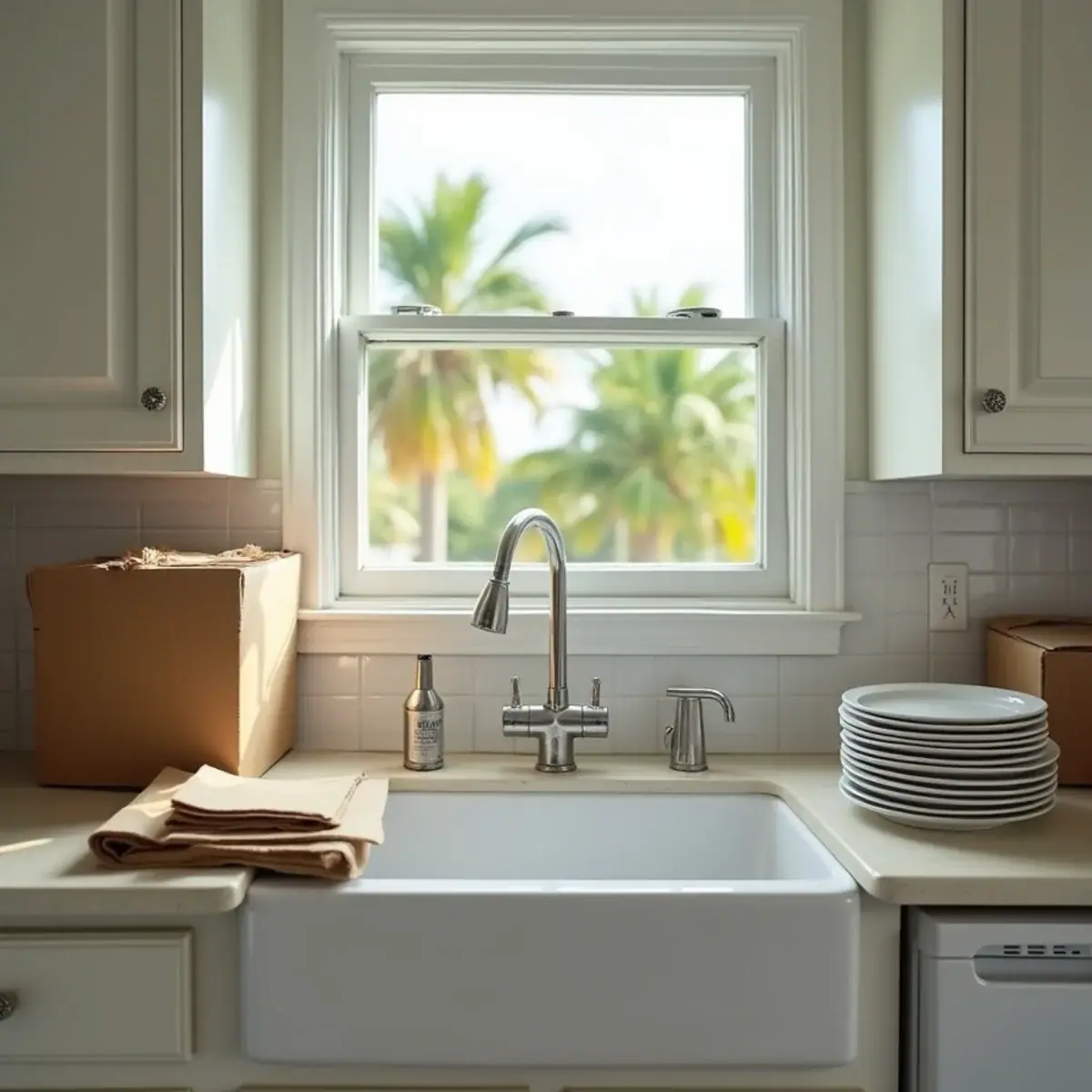 Stacked dishes and a moving box by the kitchen sink of a Margate, FL home before packing