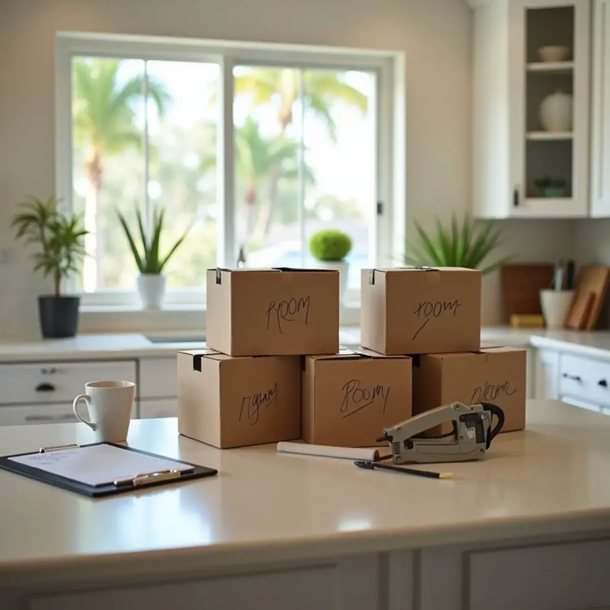 Labeled moving boxes, tape and a checklist on a kitchen counter in a Coral Springs, FL home