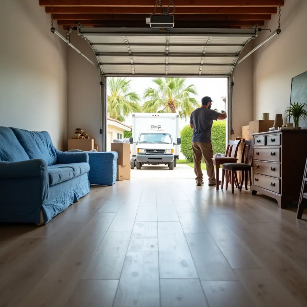 Padded furniture stacked in a garage during a flooring project at a Coral Springs, FL home