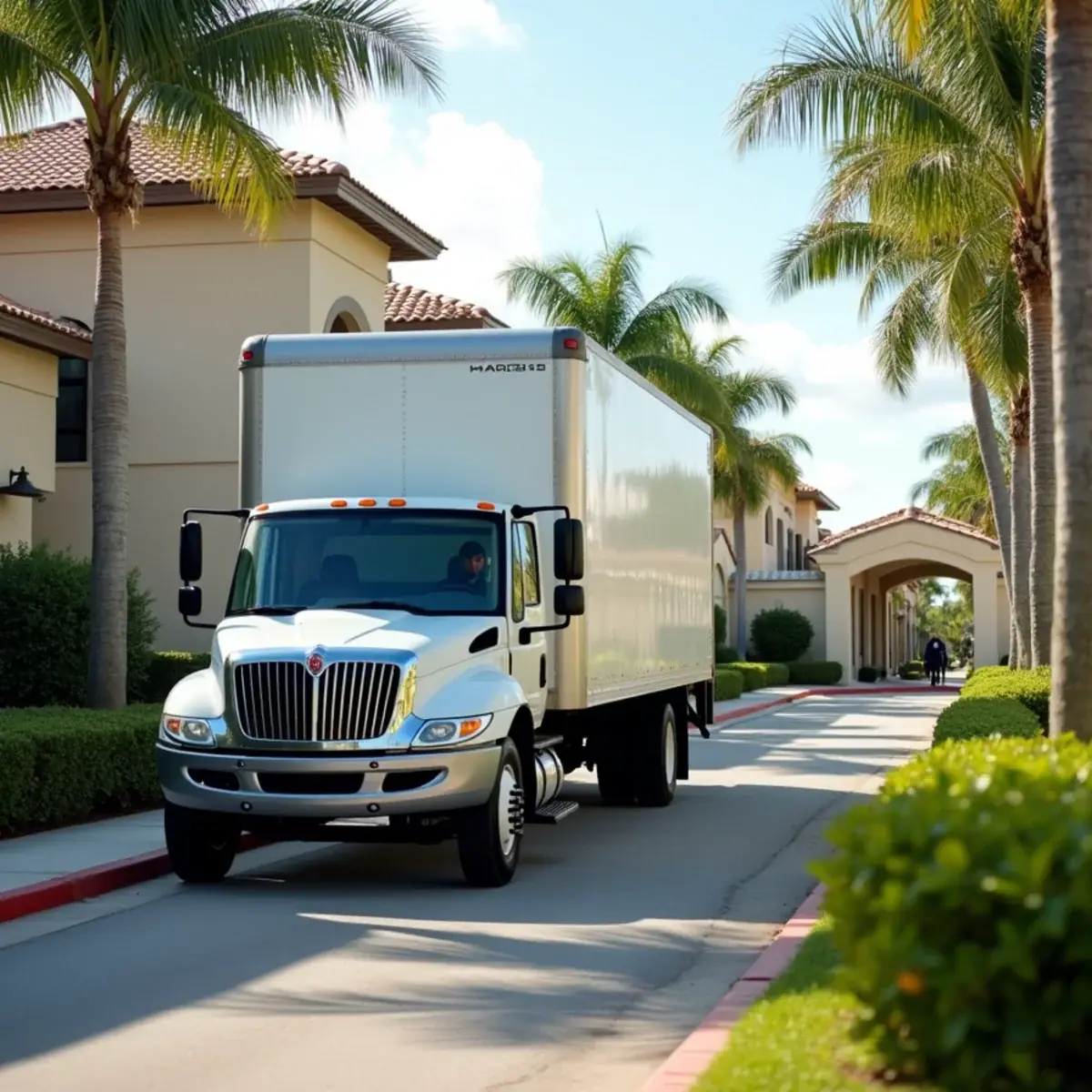 Plain white moving truck on the palm-lined entry road of a gated community in Coral Springs, FL