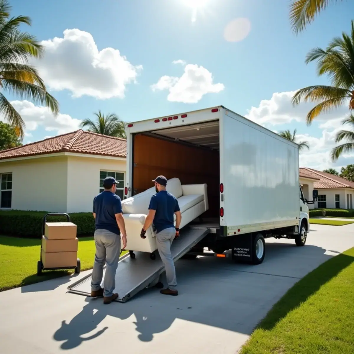 Movers carrying pad-wrapped furniture from a box truck to a stucco home in Coral Springs, FL