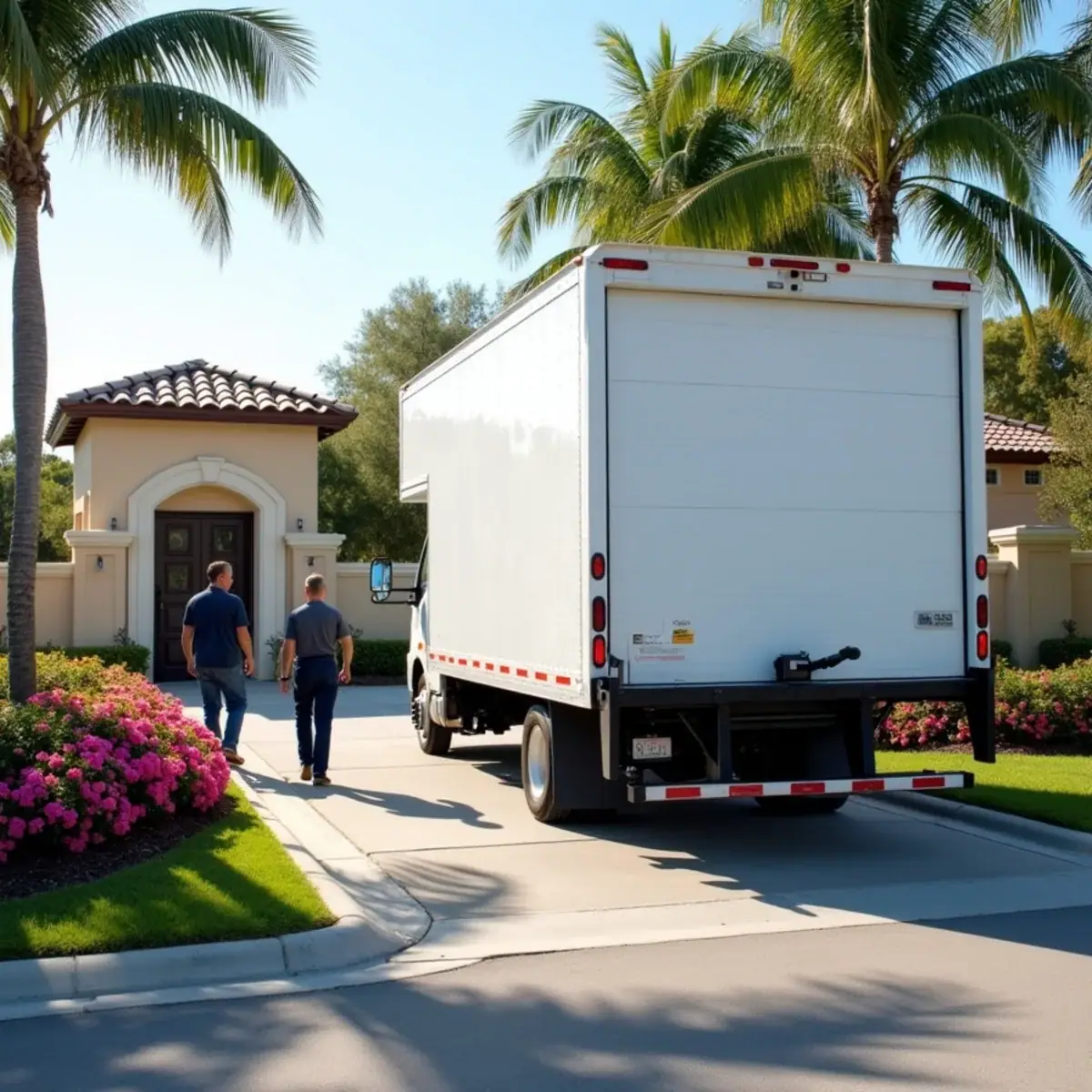 Plain white moving truck stopped at the gatehouse of a gated community in Coral Springs, FL
