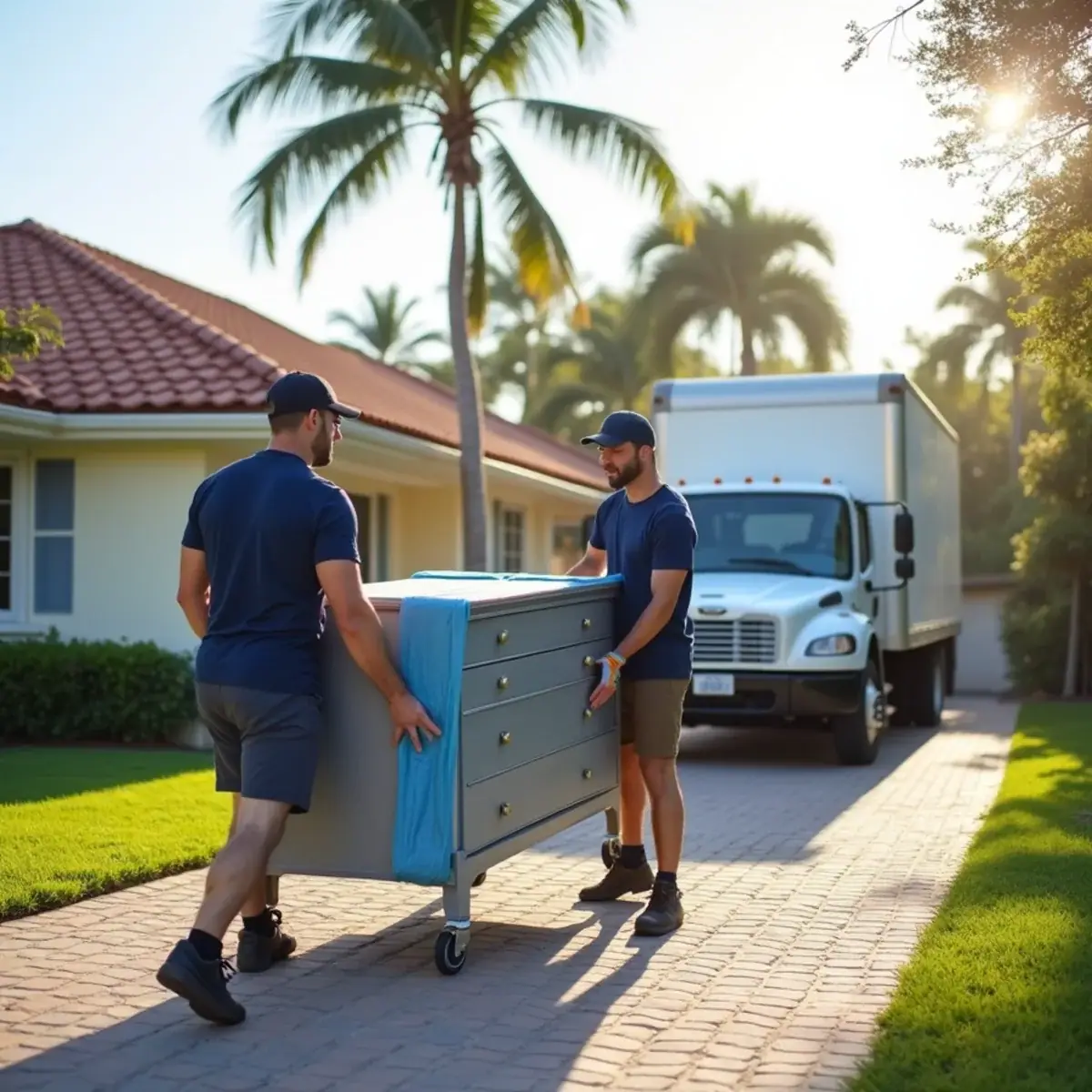 Movers wheeling a padded dresser down the paver driveway of a barrel-tile roof home in Coral Springs, FL to a box truck