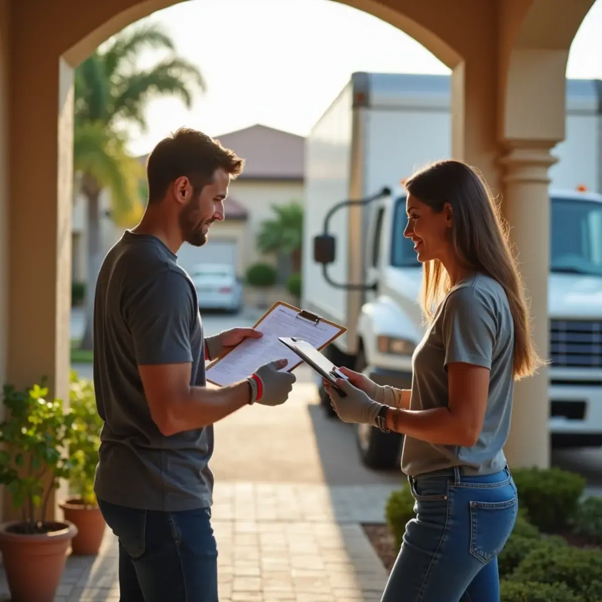 Homeowner and crew lead reviewing the bill of lading and valuation choice on a front step in Coral Springs, FL