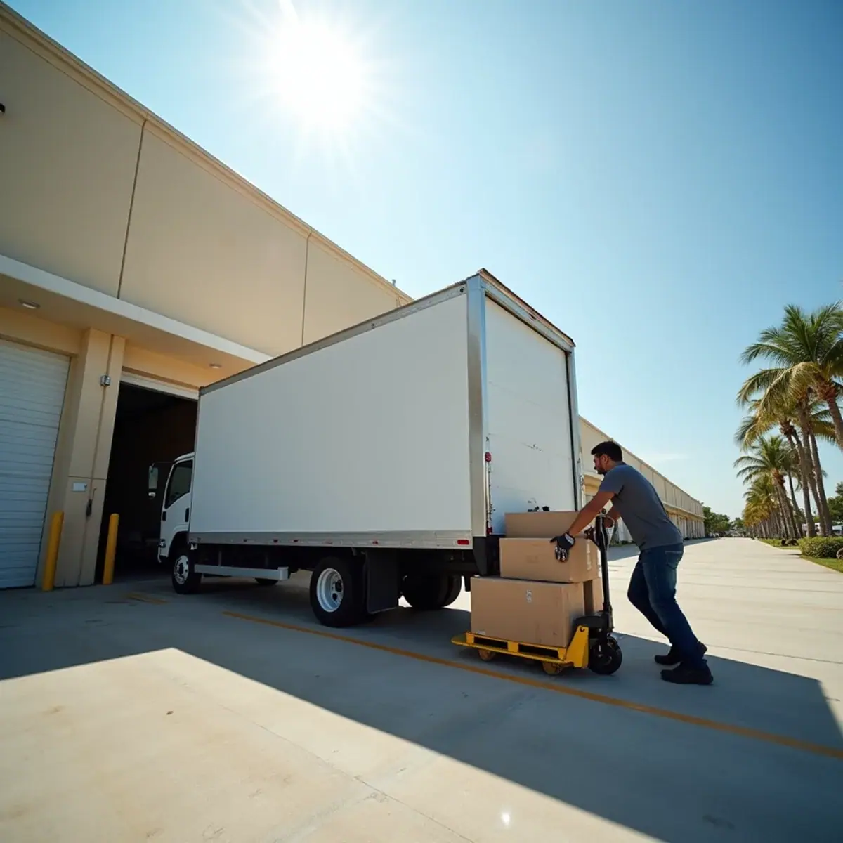 Box truck backed up to the loading bay of a light industrial unit in the Corporate Park of Coral Springs, FL