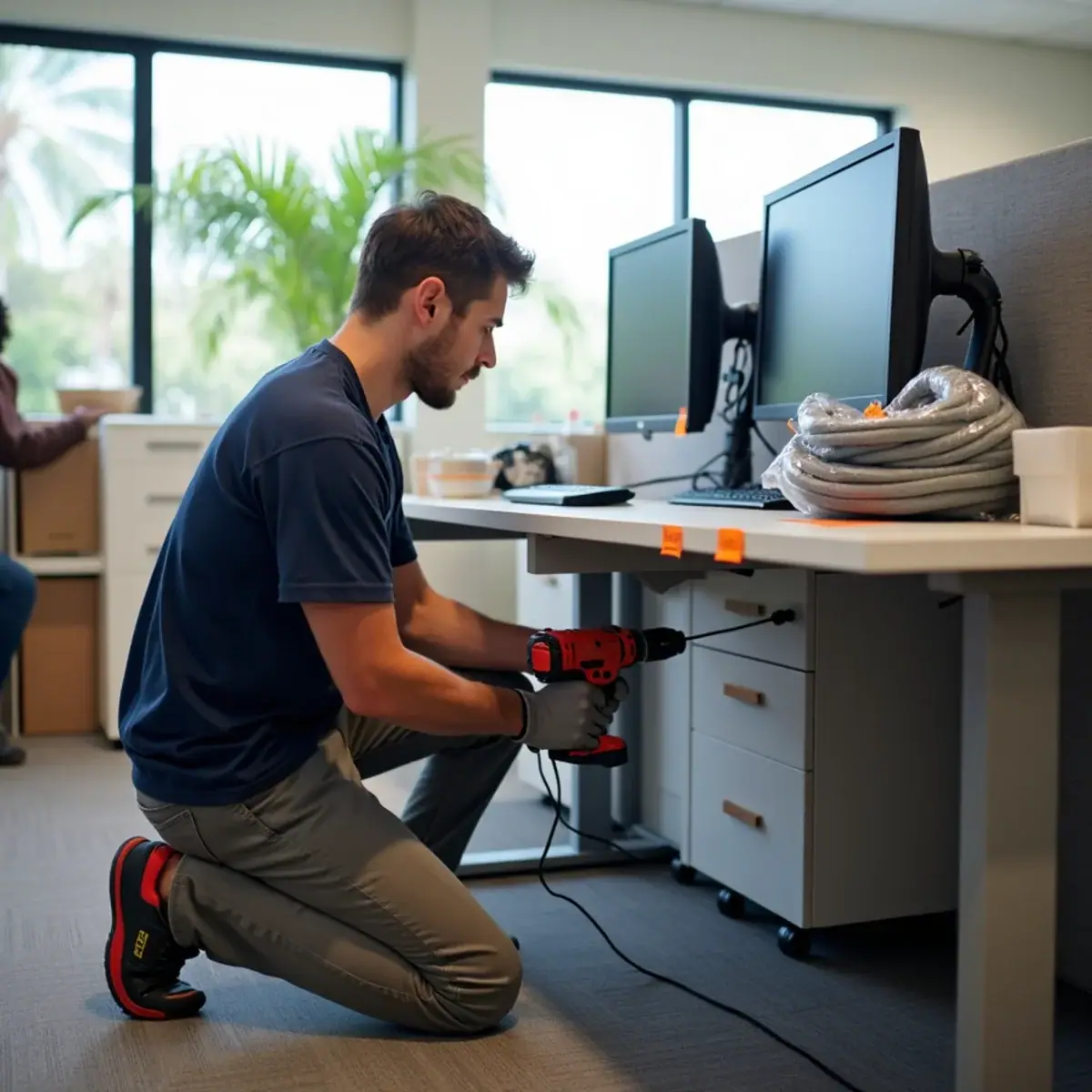 Mover taking apart a desk with color-coded labels on monitors and file cabinets in a Coral Springs, FL office suite