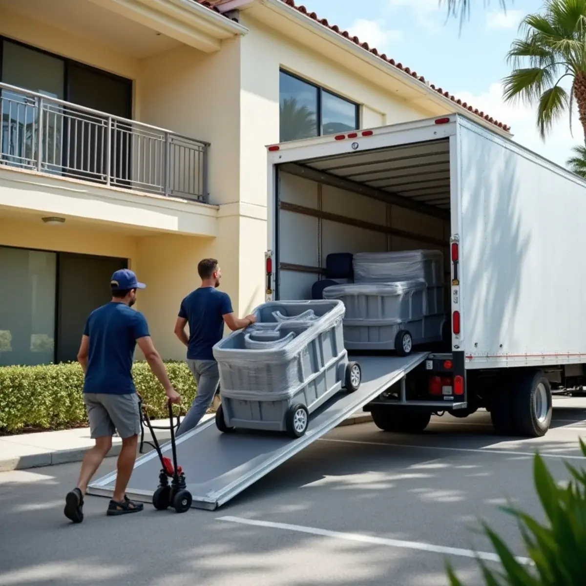 Movers rolling stacked moving crates up a truck ramp outside a low-rise office building in Coral Springs, FL