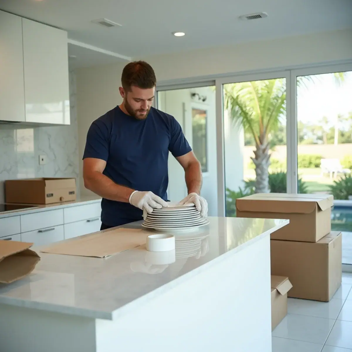 Packer wrapping dinner plates in paper at a kitchen island in a Coral Springs, FL home