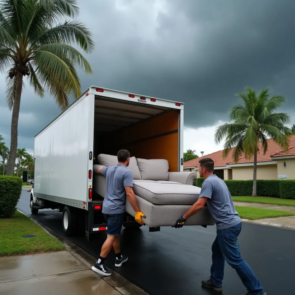 Movers loading a box truck under darkening afternoon storm clouds in a Coral Springs, FL neighborhood during hurricane season