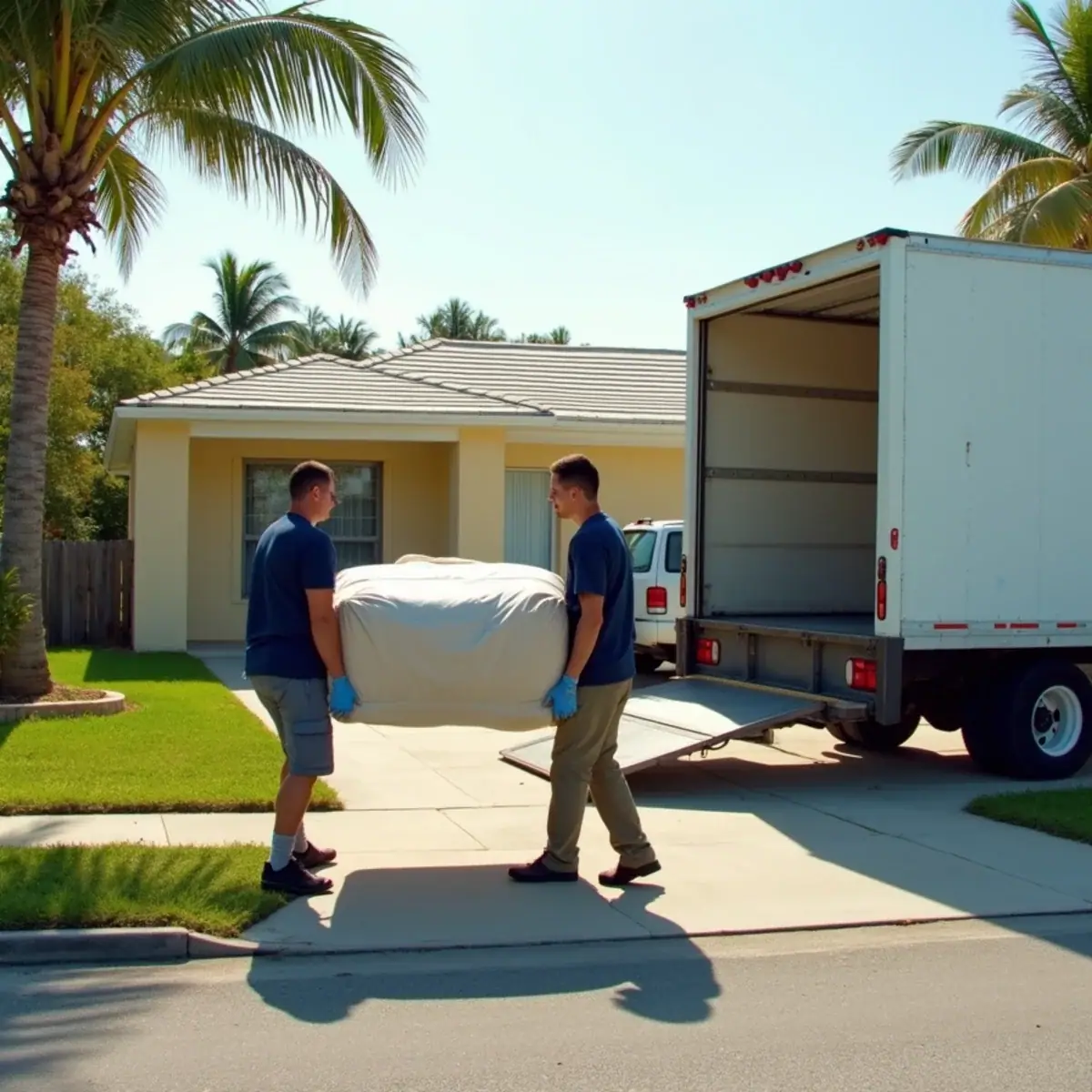 Two movers carrying a wrapped mattress to a white moving truck outside a single-story home in Margate, FL