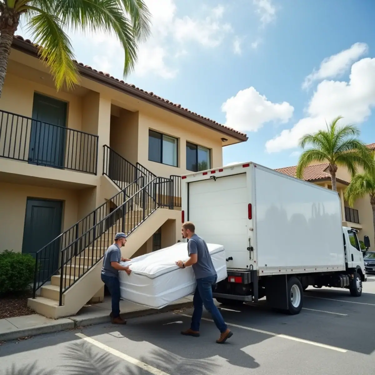 Movers carrying a mattress from a garden-style apartment building to a box truck in North Lauderdale, FL
